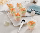 Verrines duo saumon aneth ou avocat cocktail crevettes ou tomates marinées st jacques en promo chez Super U Caen à 6,99 €