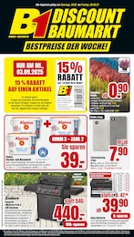 B1 Discount Baumarkt Prospekt für Erfurt mit 8 Seiten B1 Discount Baumarkt Prospekt für Erfurt: "BESTPREISE DER WOCHE!", 8 Seiten, 30.08.2025 - 05.09.2025