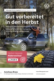 Aktueller Volkswagen Werkstatt & Auto Prospekt in Heuchelheim und Umgebung, "Mit frischen Reifen durch den Herbst" mit 1 Seite, 01.09.2024 - 30.11.2024