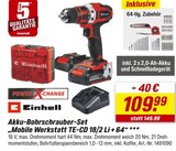 Akku-Bohrschrauber-Set „Mobile Werkstatt TE-CD 18/2 Li + 64“ im Angebot bei toom Baumarkt in Speyer Akku-Bohrschrauber-Set „Mobile Werkstatt TE-CD 18/2 Li + 64“ Angebote von Einhell bei toom Baumarkt Speyer für 109,99 €