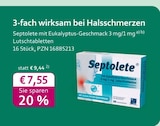 Septolete mit Eukalyptus-Geschmack 3 mg/1 mg Lutschtabletten bei mea - meine apotheke im Prospekt "" für 7,55 €