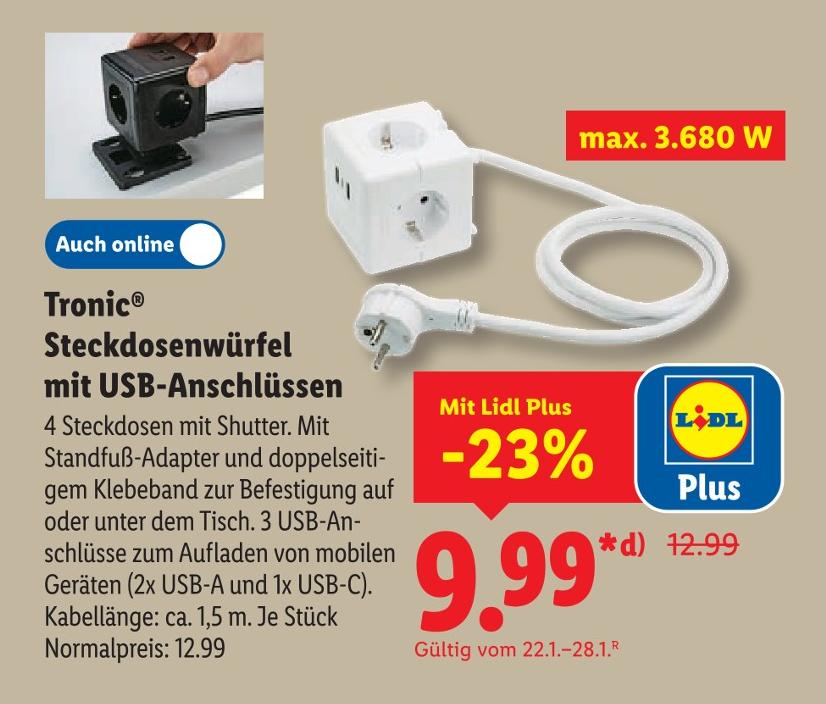 Steckdosenwürfel mit USB-Anschlüssen
