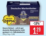 Deutsche Markenbutter mildgesäuert im Angebot bei Marktkauf in Böblingen Deutsche Markenbutter mildgesäuert Angebote von Unsere Heimat bei Marktkauf Böblingen für 1,29 €