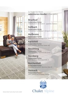 Bier im aktuellen Polstermöbel Fischer Prospekt (Freising) Bier im Polstermöbel Fischer Prospekt "Chalet Alpine Sortiment" mit 18 Seiten (Freising)