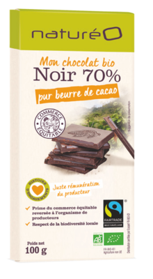 Chocolat noir 70% pur beurre de cacao - NaturéO à Saint-Herblain Chocolat noir 70% pur beurre de cacao en promo chez NaturéO Saint-Herblain à 2,09 €