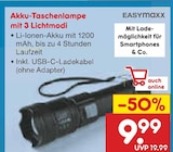 Akku-Taschenlampe mit 3 Lichtmodi bei Netto Marken-Discount im Prospekt "" für 9,99 €