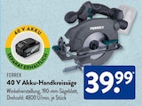 40 V Akku-Handkreissäge im ALDI SÜD Prospekt 40 V Akku-Handkreissäge von FERREX im aktuellen ALDI SÜD Prospekt für 39,99 €