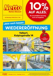 Netto Marken-Discount Discounter Prospekt der aktuellen Woche mit 4 Seiten, gültig von 05.08.2025 bis 09.08.2025, in Velbert und Umgebung Aktueller Netto Marken-Discount Discounter Prospekt in Velbert und Umgebung, "Wiedereröffnung - 10% auf ALLES" mit 4 Seiten, 05.08.2025 - 09.08.2025