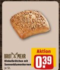 Dinkelbrötchen mit Sonnenblumenkernen Angebote von BROT & MEHR bei REWE Detmold für 0,39 €