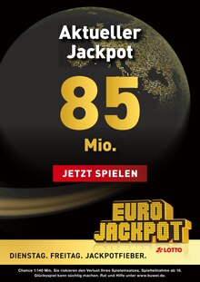 LOTTO Hessen Wehrheim Prospekt der aktuellen Woche, gültig von 07.06.2023 bis 09.06.2023 Aktueller LOTTO Hessen Wehrheim Prospekt "Aktueller Jackpot rund 85 Mio. €" mit 1 Seite