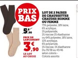 Lot de lot de 2 paires de chaussettes chaudes homme ou femme - U Collection en promo chez Super U Calais à 3,90 €