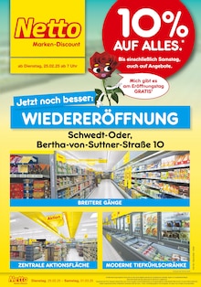 Aktueller Netto Marken-Discount Prospekt "Wiedereröffnung - 10% AUF ALLES." Seite 1 von 6 Seiten für Schwedt