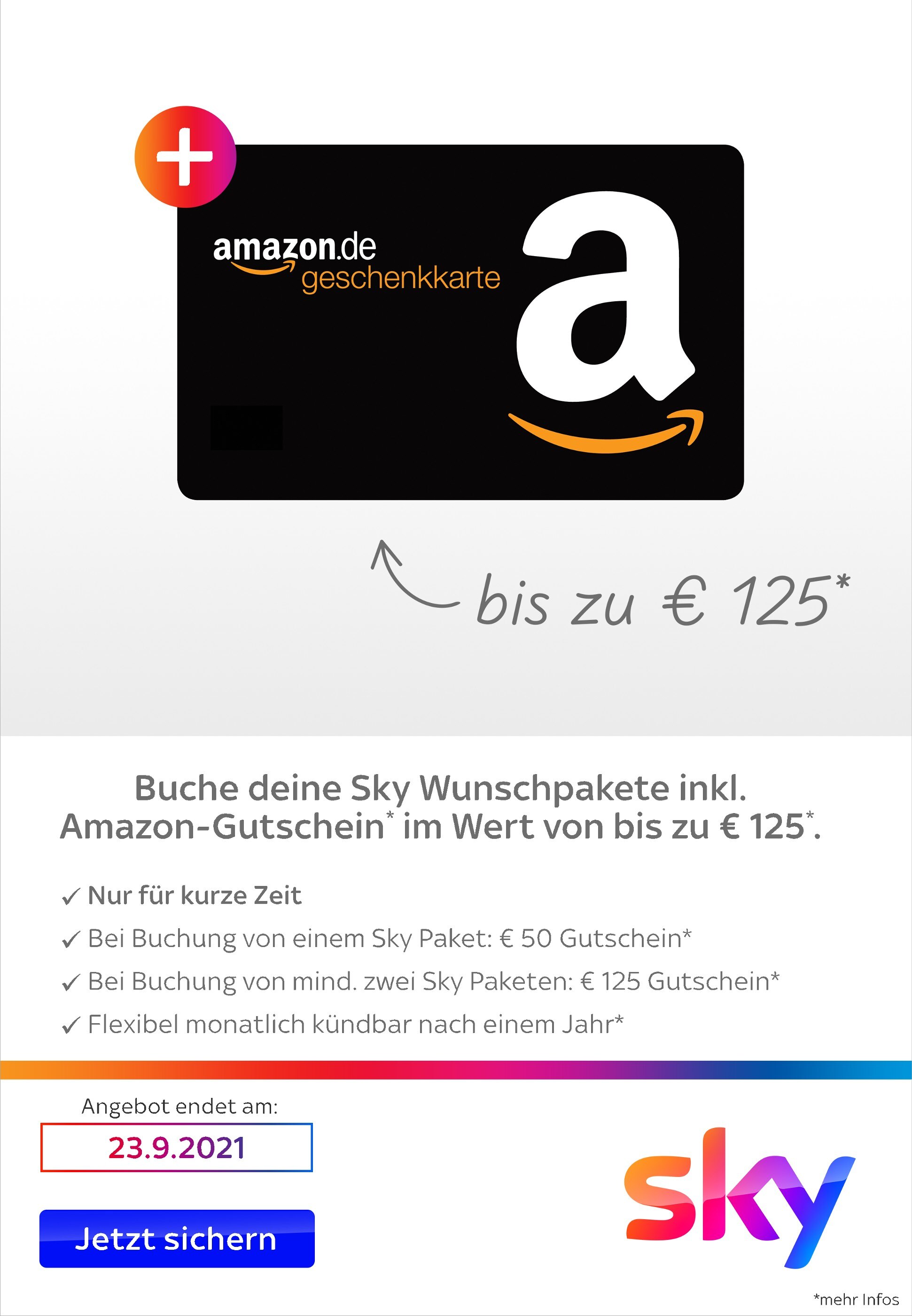 Sky Prospekt für Espelkamp mit 4 Seiten Sky Prospekt für Espelkamp: "Buche deine Sky Wunschpakete inkl. Amazon - Gutschein im Wert von bis zu 125€.", 4 Seiten, 21.09.2021 - 23.09.2021