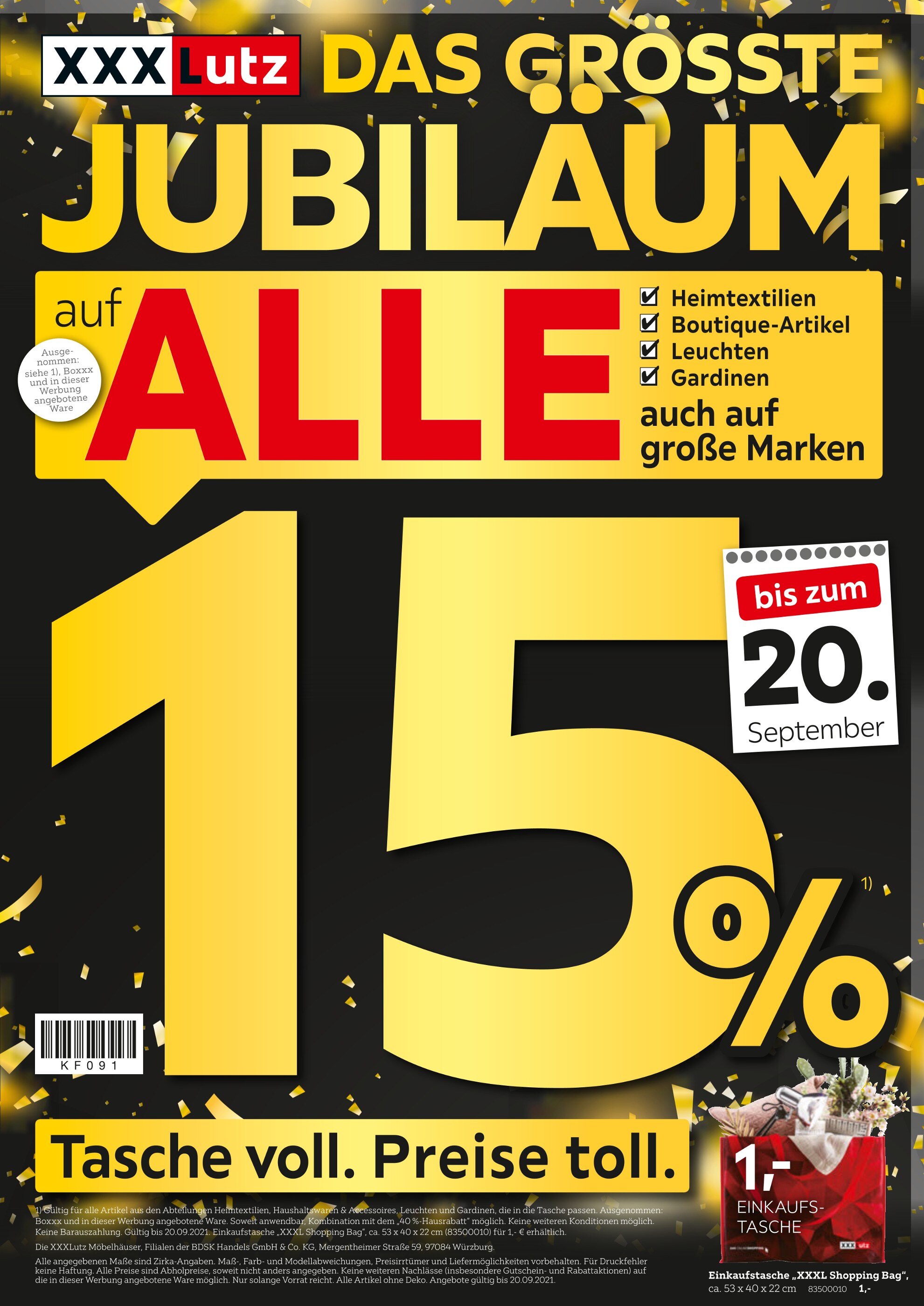 XXXLutz Möbelhäuser Prospekt für Rheine mit 1 Seite XXXLutz Möbelhäuser Prospekt für Rheine: "Tasche voll. Preise toll.", 1 Seite, 15.09.2021 - 20.09.2021