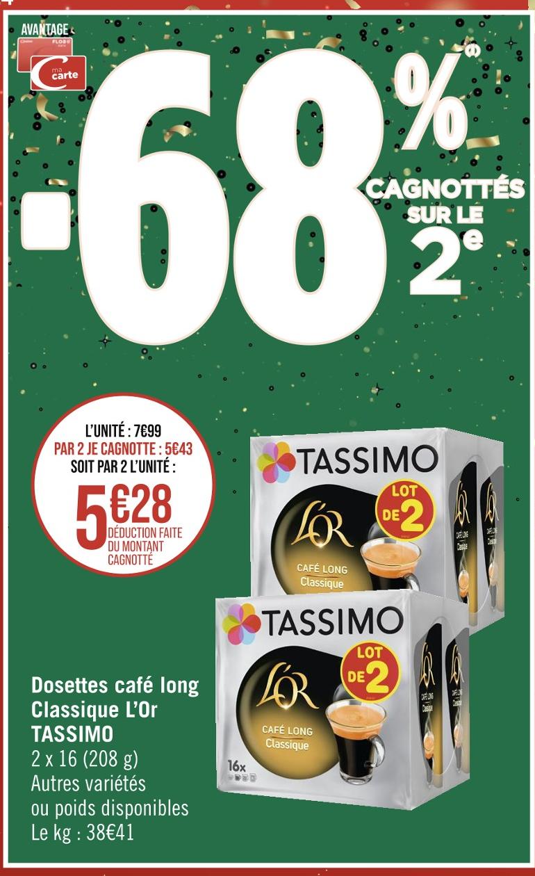TASSIMO L'Or dosettes de café long intense 208g 2x16 dosettes pas cher 