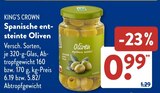 Spanische entsteinte Oliven im ALDI SÜD Prospekt Spanische entsteinte Oliven von KING’S CROWN im aktuellen ALDI SÜD Prospekt für 0,99 €