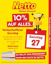 Netto Marken-Discount Prospekt "10% auf ALLES", 2 Seiten, 27.09.2026 - 27.09.2026 Aktueller Netto Marken-Discount Prospekt, "10% auf ALLES", mit Angeboten der Woche, gültig von 27.09.2026 bis 27.09.2026
