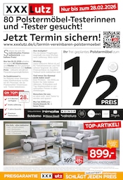 XXXLutz Möbelhäuser Möbel & Einrichtung Prospekt der aktuellen Woche mit 18 Seiten, gültig von 16.02.2026 bis 22.02.2026, in Oberhausen und Umgebung Aktueller XXXLutz Möbelhäuser Möbel & Einrichtung Prospekt in Oberhausen und Umgebung, "80 Polstermöbel-Testerinnen und -Tester gesucht!" mit 18 Seiten, 16.02.2026 - 22.02.2026