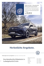 Volkswagen Prospekt für Hagenow mit 1 Seite Volkswagen Prospekt für Hagenow: "Herbstliche Angebote.", 1 Seite, 01.09.2025 - 30.11.2025