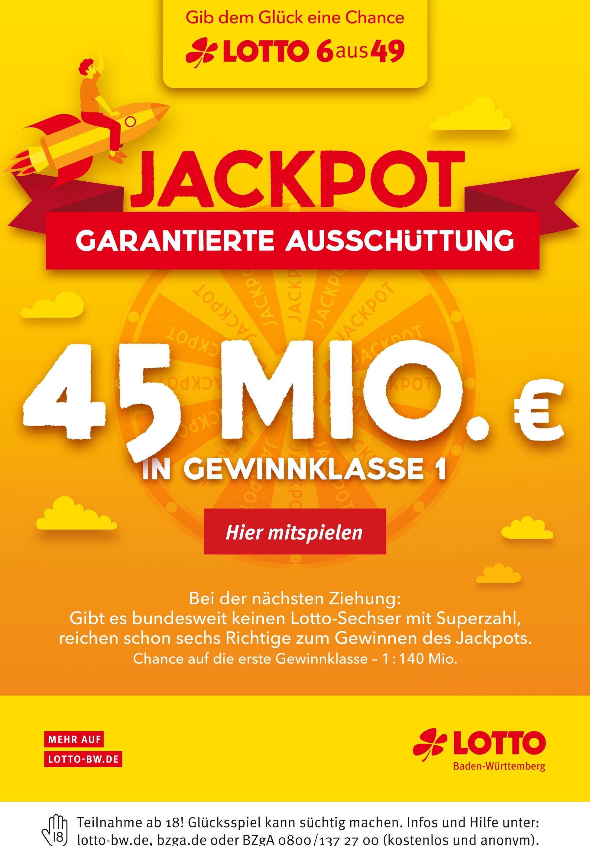 Lotto Baden-Württemberg Prospekt für Reutlingen mit 1 Seite Lotto Baden-Württemberg Prospekt für Reutlingen: "Diesen Mittwoch rund 45 Mio. im Jackpot", 1 Seite, 17.01.2022 - 19.01.2022