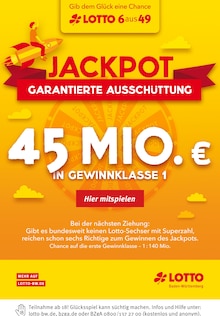 Lotto Baden-Württemberg Prospekt für Hohenentringen: Diesen Mittwoch rund 45 Mio. im Jackpot, 1 Seiten, 17.01.2022 - 19.01.2022