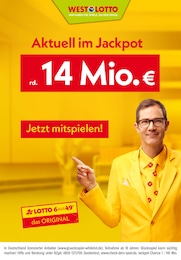 Westlotto Prospekt für Alpen: "Aktuell im Jackpot rd. 14 Mio. €", 1 Seite, 12.09.2024 - 14.09.2024