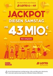 Lotto Baden-Württemberg Prospekt: "Diesen Samstag rund 43 Mio. im Jackpot", 1 Seite, 21.09.2023 - 23.09.2023