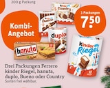 Drei Packungen Ferrero kinder Riegel , hanuta, duplo, Bueno oder Country bei tegut im Borken Prospekt für 7,50 €