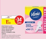 Protège slips Confort Normal 100% respirant sans parfum multi-formes x56 - Vania - Intermarché à Agen Protège slips Confort Normal 100% respirant sans parfum multi-formes x56 - Vania en promo chez Intermarché Agen à 1,43 €