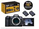 Pack Fnac Edition 70 ans Appareil photo hybride Canon EOS R5 Boîtier Nu Noir + 2 batteries + Coupon -15% sur une optiques RF Canon à 2 999,00 € dans le catalogue Fnac