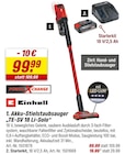 Akku-Stielstaubsauger „TE-SV 18 Li-Solo“ im toom Baumarkt Prospekt Akku-Stielstaubsauger „TE-SV 18 Li-Solo“ von Einhell im aktuellen toom Baumarkt Prospekt für 99,99 €