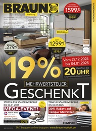 BRAUN Möbel-Center Prospekt „19% MEHRWERTSTEUER GESCHENKT!“ für Hinterzarten und Umgebung mit 20 Seiten BRAUN Möbel-Center Prospekt für Hinterzarten und Umgebung: „19% MEHRWERTSTEUER GESCHENKT!“, 20 Seiten, 27.12.2024 - 28.01.2025