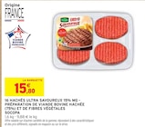 16 hachés ultra savoureux 15% mg - préparation de viande bovine hachée (75%) et de fibres végétales - Socopa en promo chez Intermarché Alès à 15,80 €