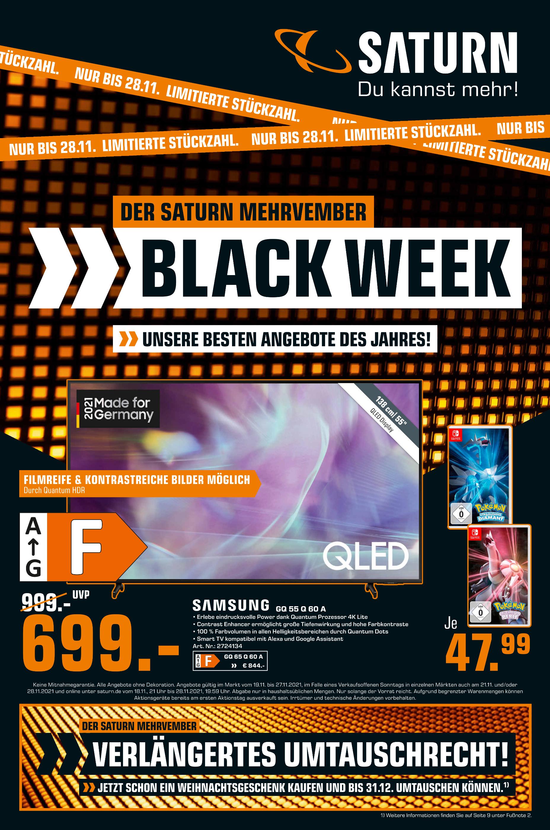 Saturn Prospekt für Remscheid mit 1 Seite Saturn Prospekt für Remscheid: "BLACK WEEK", 1 Seite, 18.11.2021 - 28.11.2021