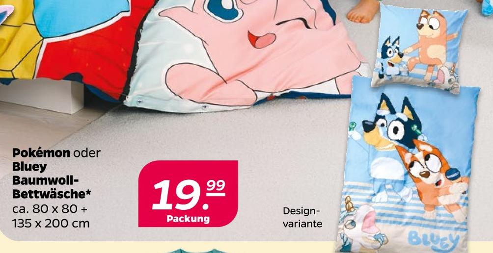 Pokémon oder Bluey Baumwoll-Bettwäsche