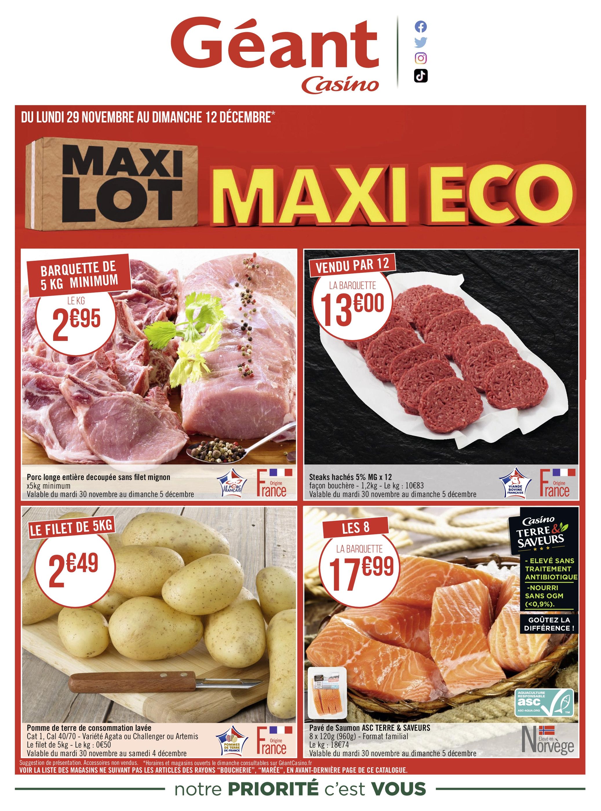 Catalogue Géant Casino à Oullins, avec 12 pages Prospectus Géant Casino à Oullins, "MAXI LOT, MAXI ECO", 12 pages, 29/11/2021 - 12/12/2021