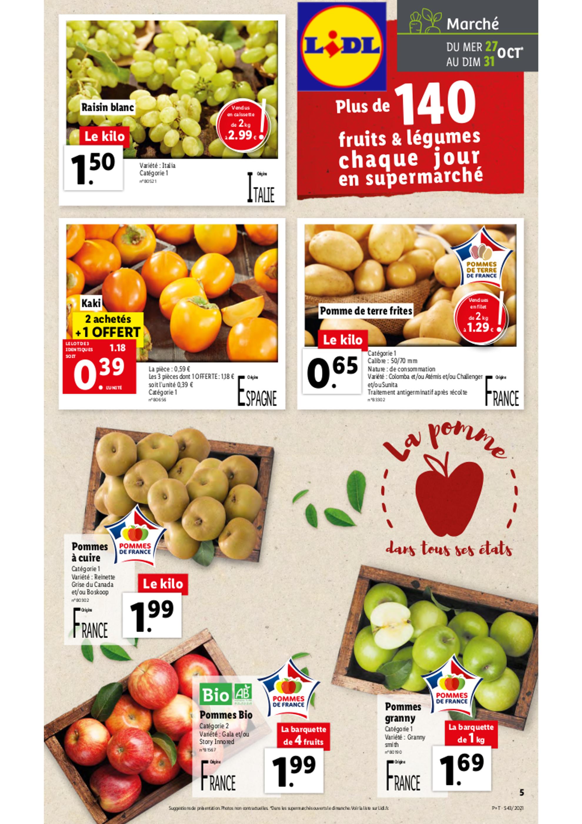 Catalogue Lidl à Boulogne-Billancourt, avec 1 page Prospectus Lidl à Boulogne-Billancourt, "Plus de 140 fruits & légumes chaque jour en supermarché", 1 page, 27/10/2021 - 02/03/2030