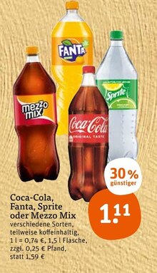 Cola von Coca-Cola, Fanta, Sprite oder Mezzo Mix im aktuellen tegut Prospekt für €1.11
