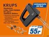 Handmixer 3 Mix 7000 F60858 60 Jahre Jubiläum Edition im Angebot bei expert in Görlitz Handmixer 3 Mix 7000 F60858 60 Jahre Jubiläum Edition Angebote von KRUPS bei expert Görlitz für 55,00 €