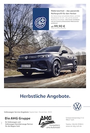Volkswagen Werkstatt & Auto Prospekt der aktuellen Woche mit 1 Seite, gültig von 01.09.2025 bis 30.11.2025, in Zella-Mehlis und Umgebung Aktueller Volkswagen Werkstatt & Auto Prospekt in Zella-Mehlis und Umgebung, "Herbstliche Angebote." mit 1 Seite, 01.09.2025 - 30.11.2025