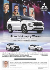 Mitsubishi Werkstatt & Auto Prospekt der aktuellen Woche mit 1 Seite, gültig von 15.09.2025 bis 13.10.2025, in Wurmannsquick und Umgebung Aktueller Mitsubishi Werkstatt & Auto Prospekt in Wurmannsquick und Umgebung, "Mitsubishi Happy Weeks" mit 1 Seite, 15.09.2025 - 13.10.2025