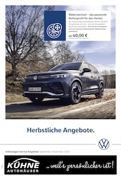 Volkswagen Prospekt "Herbstliche Angebote.", 1 Seite, 01.09.2025 - 01.09.2025 Aktueller Volkswagen Prospekt, "Herbstliche Angebote.", mit Angeboten der Woche, gültig von 01.09.2025 bis 01.09.2025