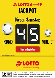 Lotto Baden-Württemberg Prospekt: "Diesen Samstag rund 45 Mio. im Jackpot", 1 Seite, 30.03.2023 - 01.04.2023