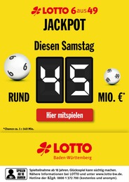 Kaufhaus Prospekt von Lotto Baden-Württemberg Renningen Lotto Baden-Württemberg Prospekt: "Diesen Samstag rund 45 Mio. im Jackpot", 1 Seite, 30.03.2023 - 01.04.2023