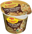 5 Minuten Terrine Kartoffelbrei mit Röstzwiebeln & Croutons oder 5 Minuten Terrine Nudeln in Rahmsauce Angebote von Maggi bei REWE Wismar für 0,89 €