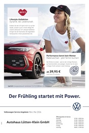 Volkswagen Werkstatt & Auto Prospekt der aktuellen Woche mit 1 Seite, gültig von 01.03.2026 bis 31.05.2026, in Elmenhorst/Lichtenhagen und Umgebung Aktueller Volkswagen Werkstatt & Auto Prospekt in Elmenhorst/Lichtenhagen und Umgebung, "Der Frühling startet mit Power" mit 1 Seite, 01.03.2026 - 31.05.2026
