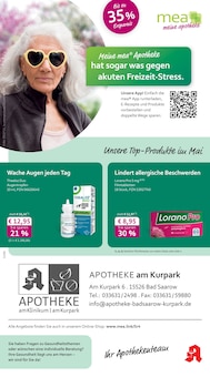 mea - meine apotheke Prospekt der Woche "Unsere Mai-Angebote" Seite 1, 01.05.2026 bis 31.05.2026 für Bad Saarow Aktueller mea - meine apotheke Prospekt "Unsere Mai-Angebote" Seite 1 von 4 Seiten für Bad Saarow