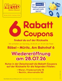 Netto Marken-Discount Prospekt für Röbel/Müritz und Umgebung: „6 Rabatt-Coupons“, 2 Seiten, 22.06.2026 - 27.06.2026