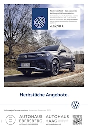Volkswagen Prospekt "Herbstliche Angebote.", 1 Seite, 01.09.2025 - 01.09.2025 Aktueller Volkswagen Prospekt, "Herbstliche Angebote.", mit Angeboten der Woche, gültig von 01.09.2025 bis 01.09.2025