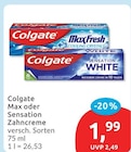 Max oder Sensation Zahncreme von Colgate im aktuellen budni Prospekt